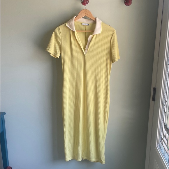 ZARA || Butter Yellow Ribbed Midi Dress Size Large - Picture 4 of 11